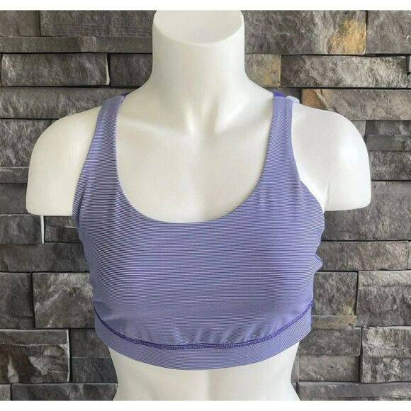 Lululemon Energy Bra Purple White Micro Striped Strappy Cross Back Activewear - Picture 1 of 4